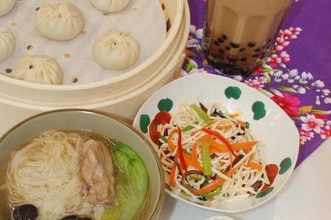 Taiwan Traditional Delicacies Experience, Xiao Long Bao, Chicken vermicelli with mushroom and sesame oil, Tofu strips salad, Bubble milk tea. - Group size and language: how to get more out of the class