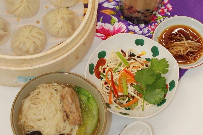 Xiao Long Bao, Chicken vermicelli with mushroom and sesame oil, Tofu strips salad, Bubble milk tea. Taiwan Traditional Delicacies Experience-A (Taipei Cooking Class) - Price and Value: Is $77 Worth It?